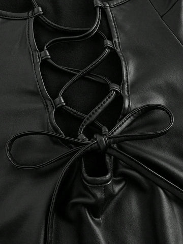 New Arrival Sexy Bodycon Halter Neck Pu Leather Back Tie High Slit Midi Dress For Music Festival