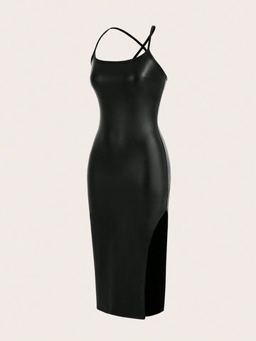 New Arrival Sexy Bodycon Halter Neck Pu Leather Back Tie High Slit Midi Dress For Music Festival
