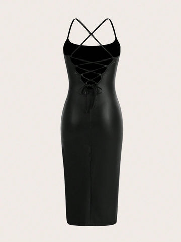 New Arrival Sexy Bodycon Halter Neck Pu Leather Back Tie High Slit Midi Dress For Music Festival