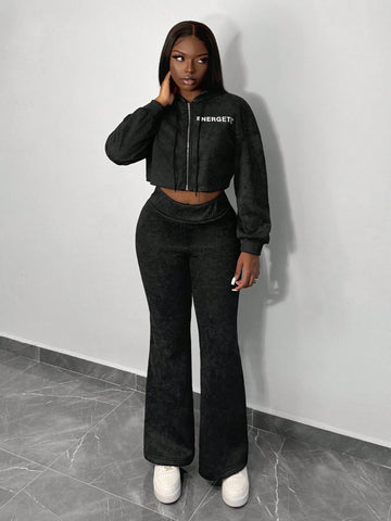 New Casual And Simple Sports Zipper Hooded Dropped Shoulder Long Sleeves Loose Cropped Sweatshirt Jacket + Wide V Waist Flared Super Long Pants Imitation Fried Snowflake Print Sweatshirt Plus Velvet Suit Women's Two-Piece Set-G