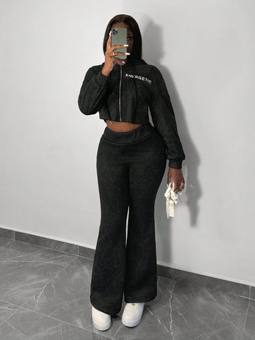 New Casual And Simple Sports Zipper Hooded Dropped Shoulder Long Sleeves Loose Cropped Sweatshirt Jacket + Wide V Waist Flared Super Long Pants Imitation Fried Snowflake Print Sweatshirt Plus Velvet Suit Women's Two-Piece Set-G