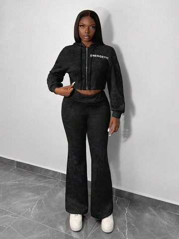 New Casual And Simple Sports Zipper Hooded Dropped Shoulder Long Sleeves Loose Cropped Sweatshirt Jacket + Wide V Waist Flared Super Long Pants Imitation Fried Snowflake Print Sweatshirt Plus Velvet Suit Women's Two-Piece Set-G