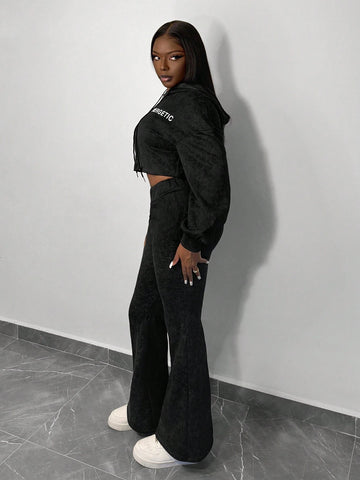 New Casual And Simple Sports Zipper Hooded Dropped Shoulder Long Sleeves Loose Cropped Sweatshirt Jacket + Wide V Waist Flared Super Long Pants Imitation Fried Snowflake Print Sweatshirt Plus Velvet Suit Women's Two-Piece Set-G