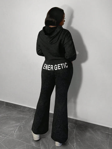 New Casual And Simple Sports Zipper Hooded Dropped Shoulder Long Sleeves Loose Cropped Sweatshirt Jacket + Wide V Waist Flared Super Long Pants Imitation Fried Snowflake Print Sweatshirt Plus Velvet Suit Women's Two-Piece Set-G