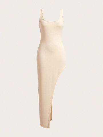 New Casual Basic Long Stretchy Dress With Oblique High Slit And Spaghetti Strap