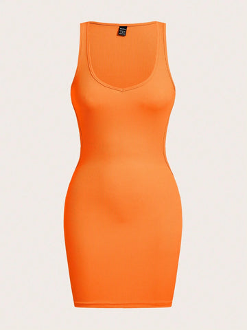 New Casual Basic U Neck Low Cut Mini Knitted Stretch Women's Cami Dress, H