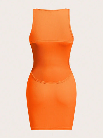 New Casual Basic U Neck Low Cut Mini Knitted Stretch Women's Cami Dress, H