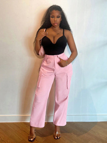 Slayr New Casual Pink Street Fashion Loose Fit Workwear With Large Pockets, Work Pants-C