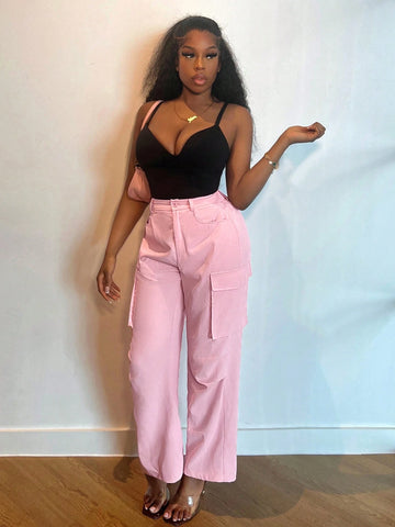 Slayr New Casual Pink Street Fashion Loose Fit Workwear With Large Pockets, Work Pants-C