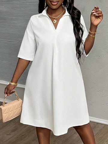 New Casual Women's Elegant Commuter Lapel Short-Sleeved Loose A-Hem Skirt White Woven