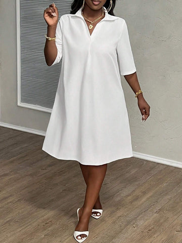 New Casual Women's Elegant Commuter Lapel Short-Sleeved Loose A-Hem Skirt White Woven
