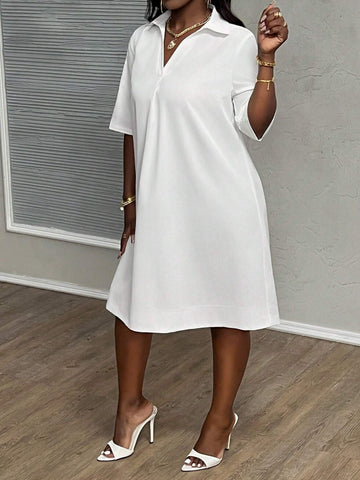 New Casual Women's Elegant Commuter Lapel Short-Sleeved Loose A-Hem Skirt White Woven