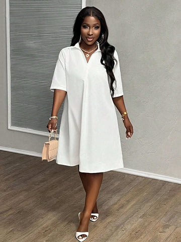 New Casual Women's Elegant Commuter Lapel Short-Sleeved Loose A-Hem Skirt White Woven
