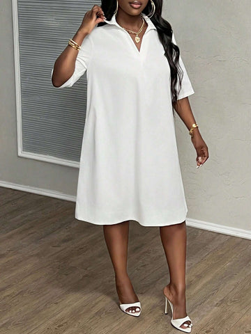 New Casual Women's Elegant Commuter Lapel Short-Sleeved Loose A-Hem Skirt White Woven