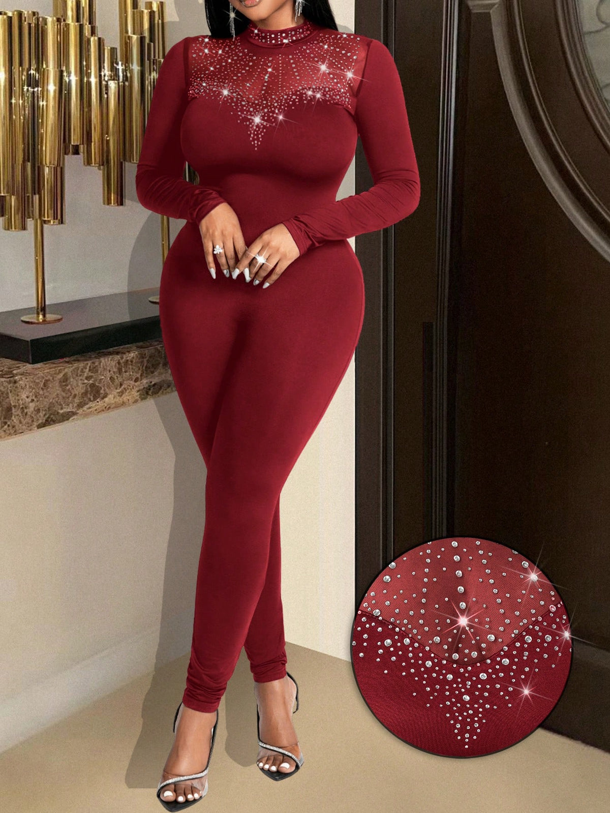 New Sexy And Gorgeous Small Stand-Up Collar Mesh Stitching Hot Diamond Heart Stitching Slim Long-Sleeved Trousers Women's Tight Jumpsuit