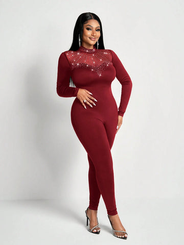 New Sexy And Gorgeous Small Stand-Up Collar Mesh Stitching Hot Diamond Heart Stitching Slim Long-Sleeved Trousers Women's Tight Jumpsuit