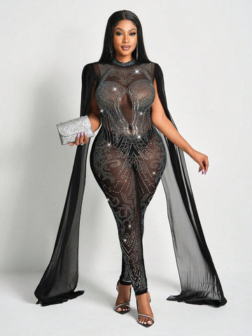 New Sexy And Gorgeous Small Stand-Up Collar Sleeveless Full Rhinestones With Cape Slim Fit Mesh See-Through Women's Tight Jumpsuit-Z