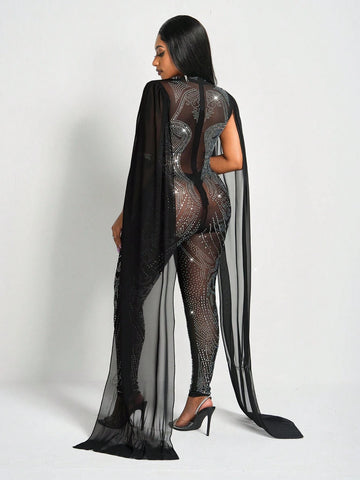 New Sexy And Gorgeous Small Stand-Up Collar Sleeveless Full Rhinestones With Cape Slim Fit Mesh See-Through Women's Tight Jumpsuit-Z