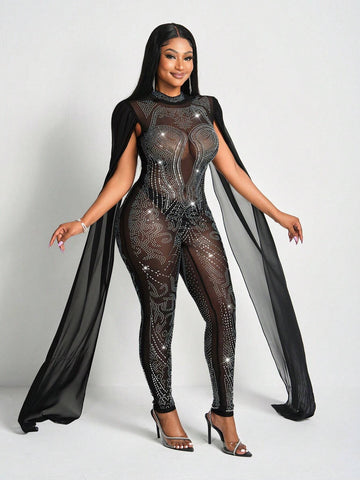 New Sexy And Gorgeous Small Stand-Up Collar Sleeveless Full Rhinestones With Cape Slim Fit Mesh See-Through Women's Tight Jumpsuit-Z