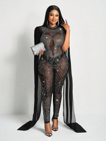 New Sexy And Gorgeous Small Stand-Up Collar Sleeveless Full Rhinestones With Cape Slim Fit Mesh See-Through Women's Tight Jumpsuit-Z