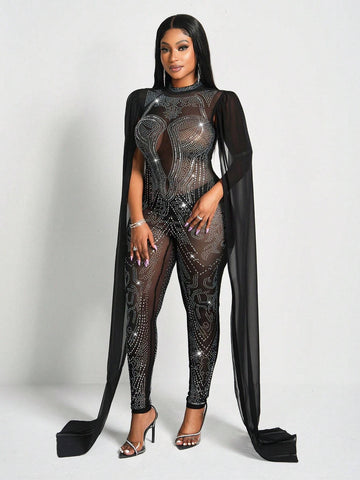 New Sexy And Gorgeous Small Stand-Up Collar Sleeveless Full Rhinestones With Cape Slim Fit Mesh See-Through Women's Tight Jumpsuit-Z