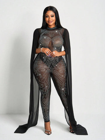 New Sexy And Gorgeous Small Stand-Up Collar Sleeveless Full Rhinestones With Cape Slim Fit Mesh See-Through Women's Tight Jumpsuit-Z