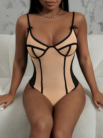 New Sexy Gorgeous Mesh Stitching Contrasting Black And Apricot Lines Decorated Suspender Bow Women's Jumpsuit-T
