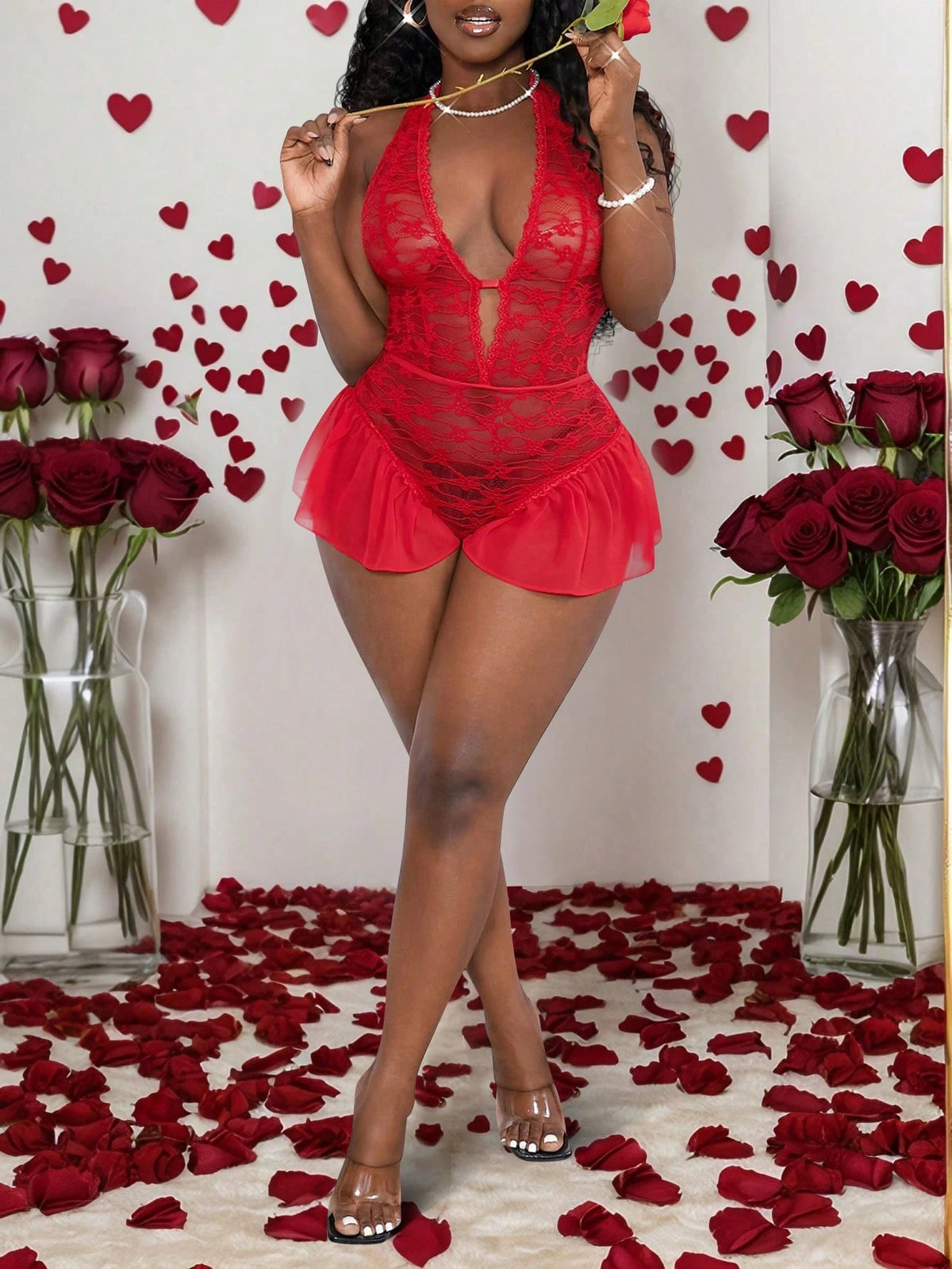 New Sexy Valentine's Day Sexy Underwear, See-Through Halterneck, Deep V-Neck, Lace Splicing, Chiffon, Front Flap, Ruffled Hem, Red Women's Jumpsuit-AA