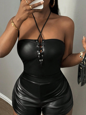 New Spring And Summer Halterneck Straps With Thin Shoulder Straps, Hollow Cross Straps On The Front Chest, Slim Short Tube Top Vest, Black PU Women's Jumpsuit-J