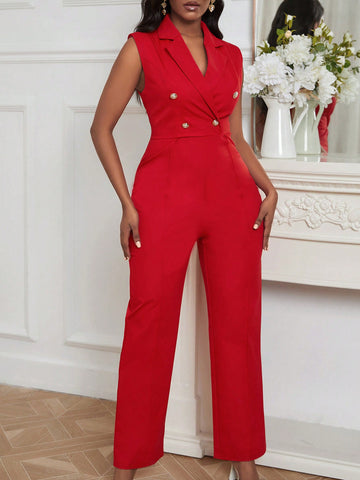 Notched Collar Double Breasted Sleeveless Jumpsuit