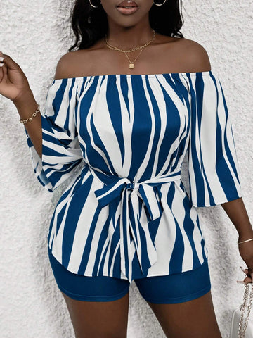 Off-Shoulder Geometric Pattern Shirt With Bow Tie & A-Line Hem Plus High-Waisted Knitted Shorts