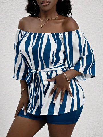 Off-Shoulder Geometric Pattern Shirt With Bow Tie & A-Line Hem Plus High-Waisted Knitted Shorts