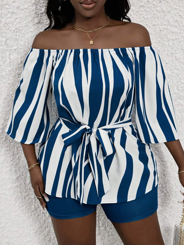 Off-Shoulder Geometric Pattern Shirt With Bow Tie & A-Line Hem Plus High-Waisted Knitted Shorts