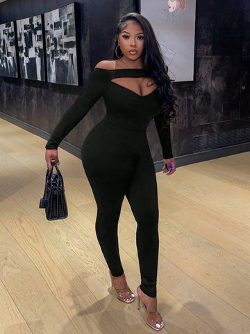 Off-Shoulder Hollow Out Casual Jumpsuit