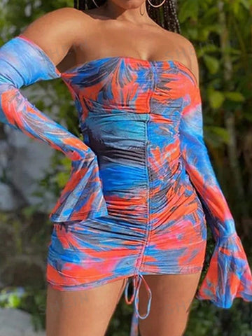 Off Shoulder Blue And Red Tie-Dye Short Dress