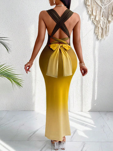 Ombre Draped Collar Criss Cross Backless Dress