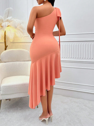 One Shoulder Bow Detail Asymmetrical Ruffle Hem Dress