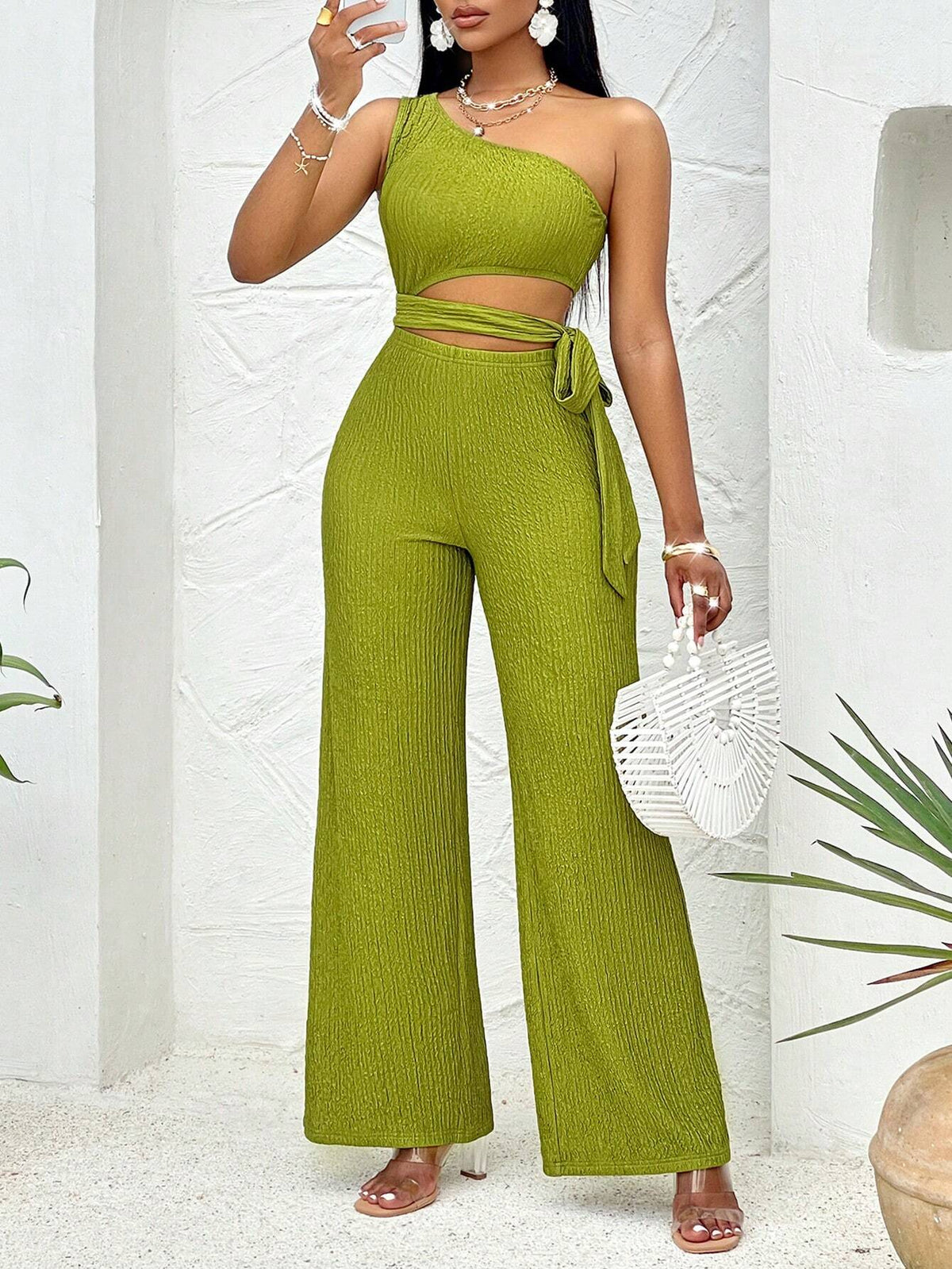 One Shoulder Cut Out Knot Side Tube Jumpsuit Jacquard Green