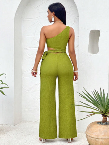 One Shoulder Cut Out Knot Side Tube Jumpsuit Jacquard Green