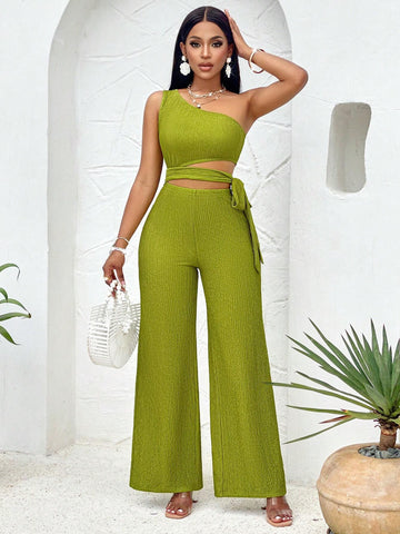 One Shoulder Cut Out Knot Side Tube Jumpsuit Jacquard Green