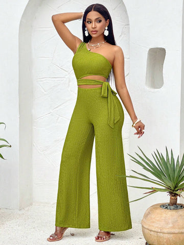 One Shoulder Cut Out Knot Side Tube Jumpsuit Jacquard Green