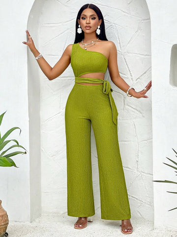 One Shoulder Cut Out Knot Side Tube Jumpsuit Jacquard Green