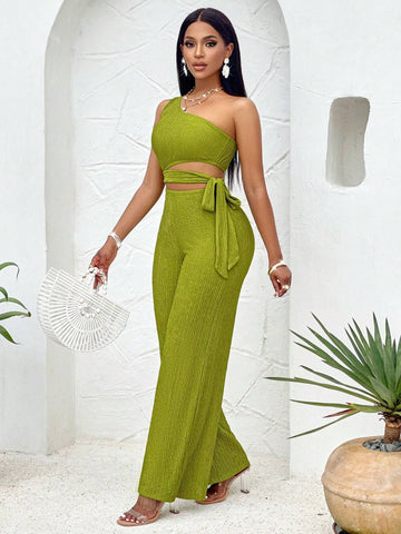 One Shoulder Cut Out Knot Side Tube Jumpsuit Jacquard Green