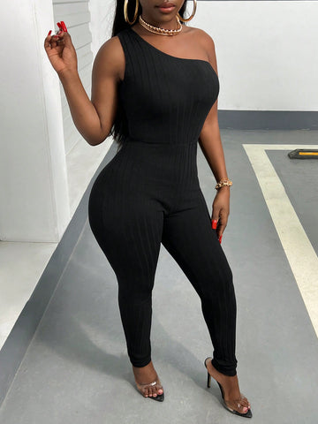 One Shoulder Sleeveless Tight Jumpsuit