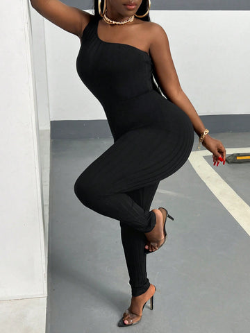 One Shoulder Sleeveless Tight Jumpsuit