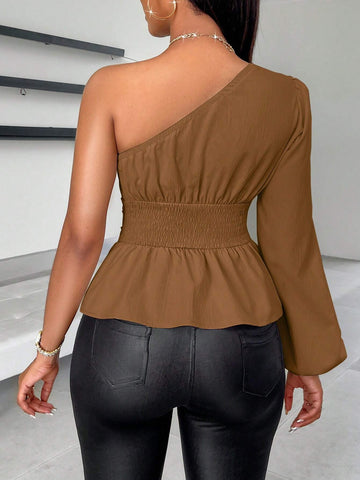Slayr One Shoulder Solid Ruched Asymmetrical Hem Blouse