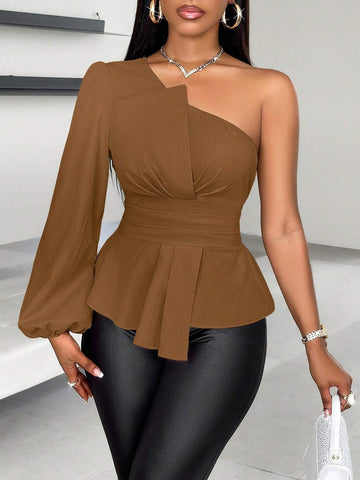 Slayr One Shoulder Solid Ruched Asymmetrical Hem Blouse