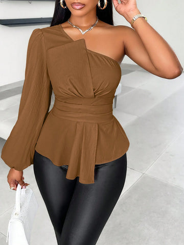 Slayr One Shoulder Solid Ruched Asymmetrical Hem Blouse