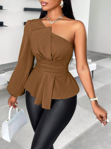 Slayr One Shoulder Solid Ruched Asymmetrical Hem Blouse