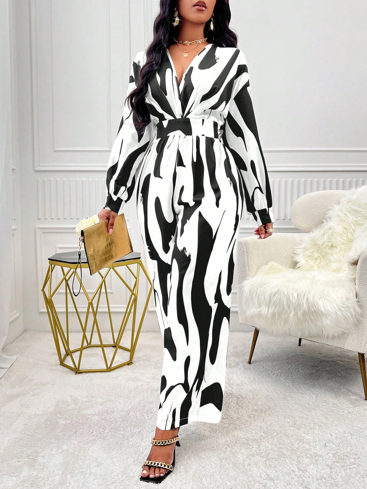 Patterned V-neck Jumpsuit With Dropped Shoulder Sleeves